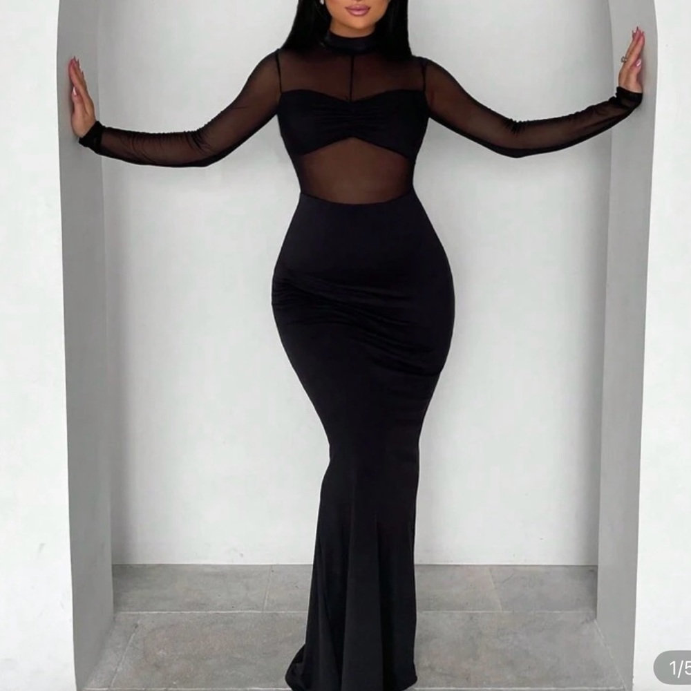 Elegant Black Sheer Long Sleeve Dress